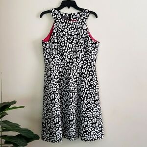 Muse knee length dress midi black white leopard print high neck, women's size 14